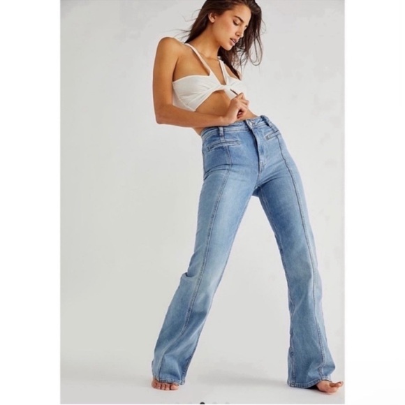 Free People Firecracker Flare Jeans Blue Red Suede Stars  26 - Picture 10 of 10